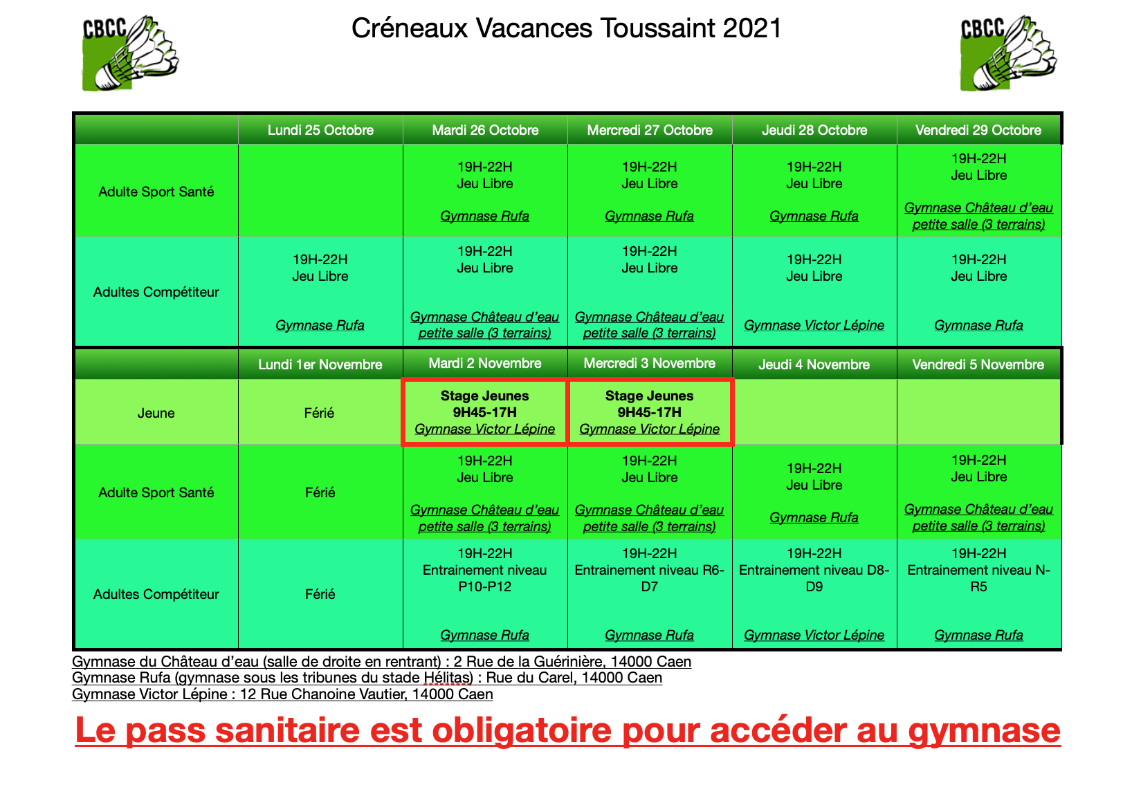 créneaux vacances Toussaint 2021