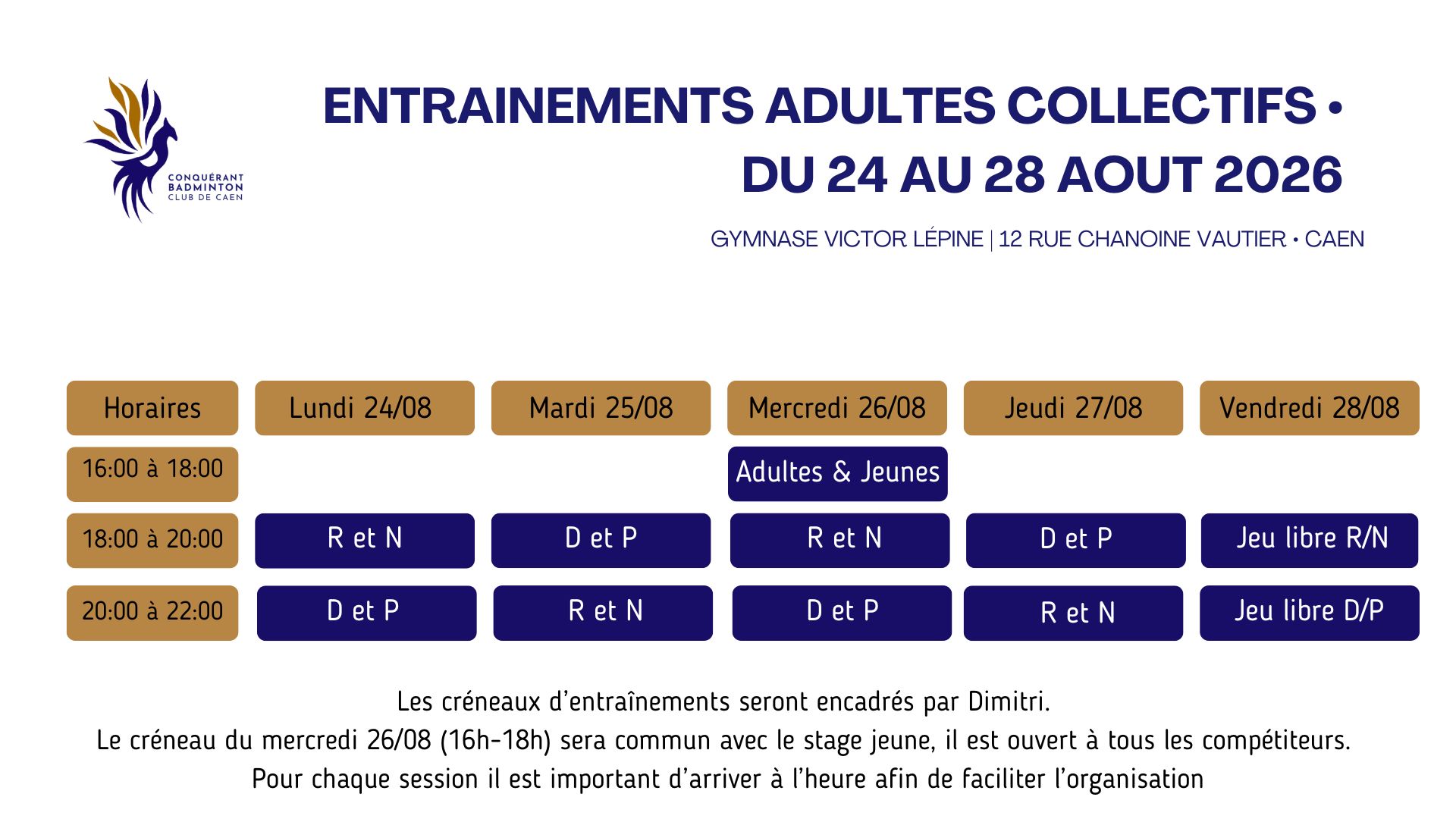 Planning des créneaux du 24 au 28 août 2026